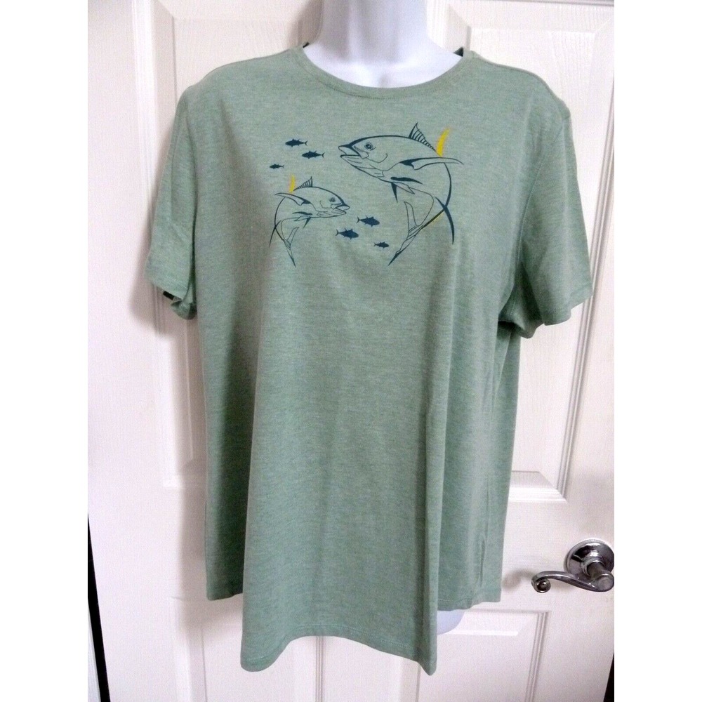 Reel Legends Womens XL Green Short Sleeve Fishing Graphic Tee Curved Hem Top